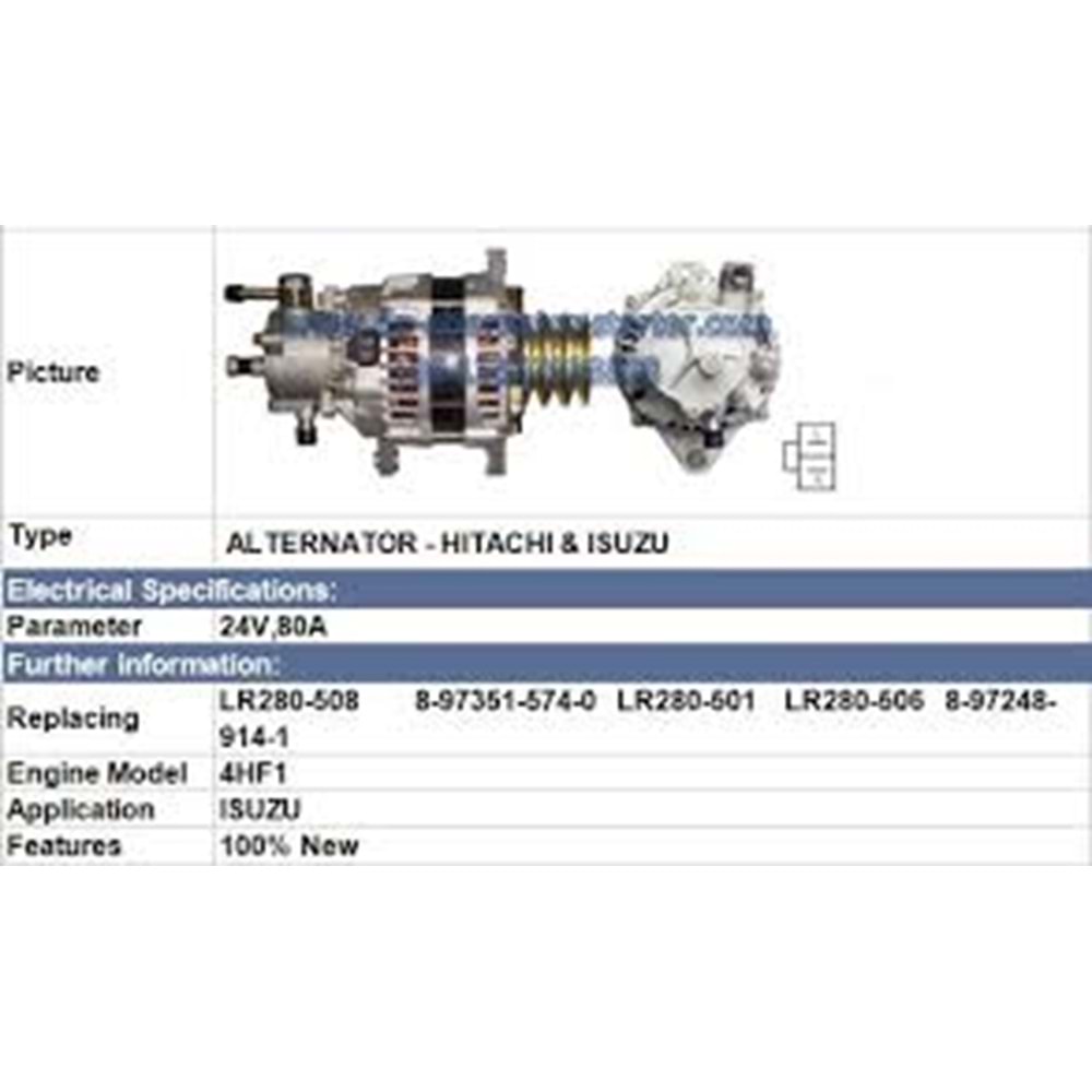 ALT. ALTERNATOR 24V 80 AMP ISUZU TURKUAZ - CHAMPION (LR280-508)