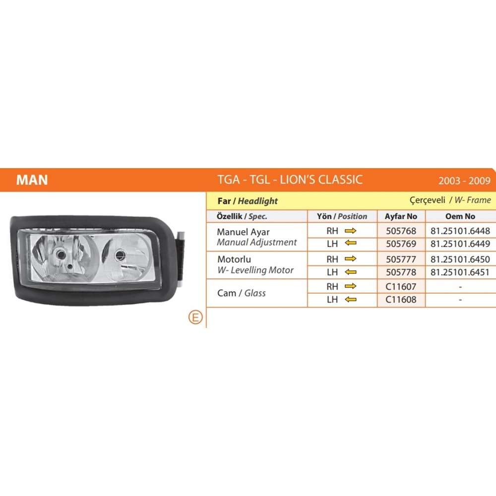 MAN TGA 2003 2009 FAR MOTORLU CERCEVELI SAG