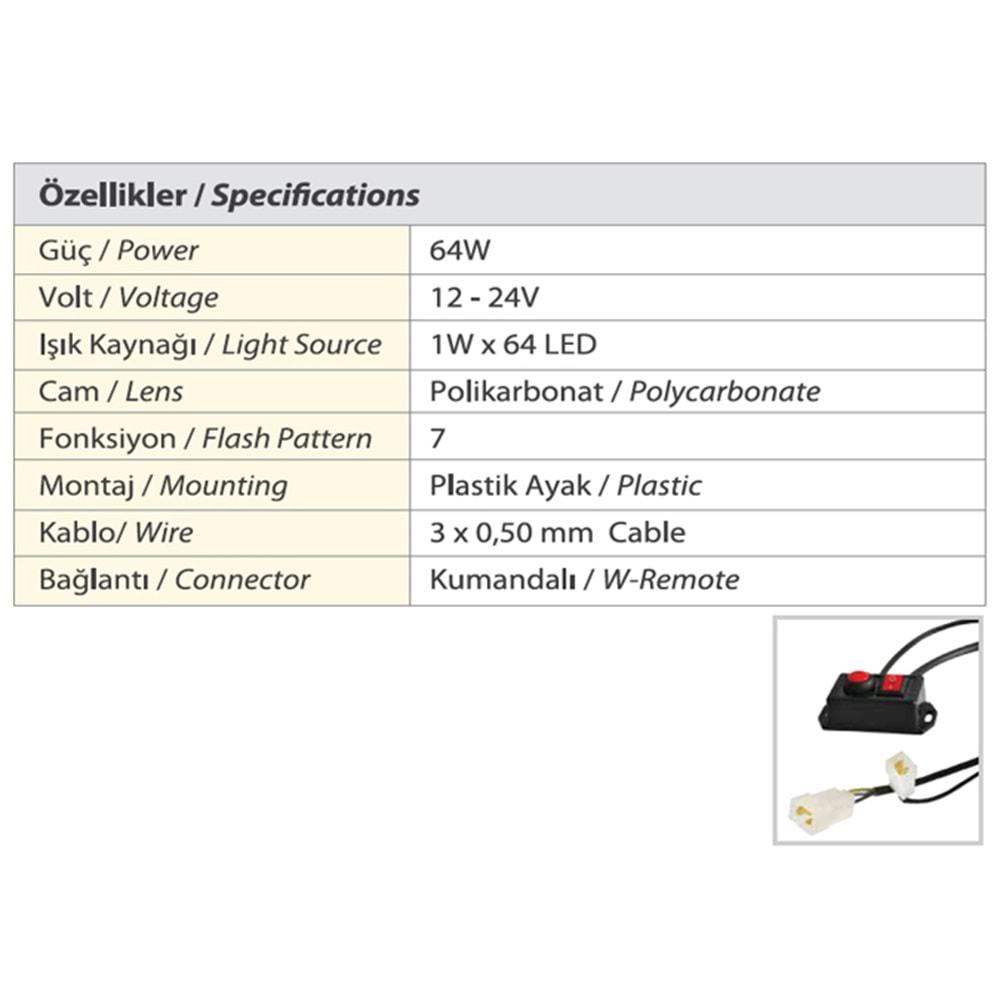 TRAFIK IKAZ LAMBASI LED SARI KOMPLE SEFFAF