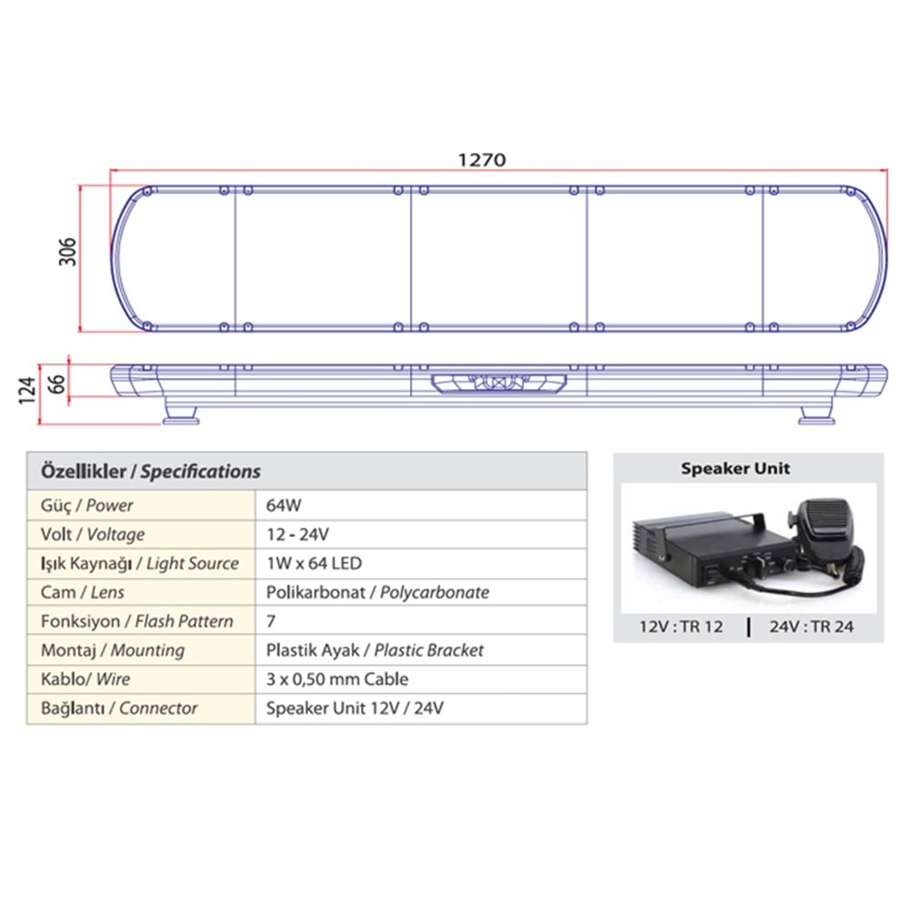 TRAFIK IKAZ LAMBASI LED SARI-MAVI HOPARLORLU 127 CM KOMPLE SEFFAF