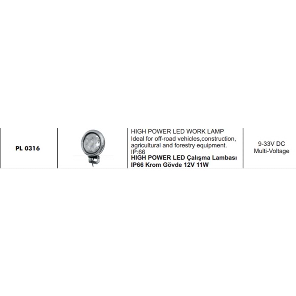 HIGH POWER LED CALISMA LAMBASI IP66 KROM GOVDE 12V 11W