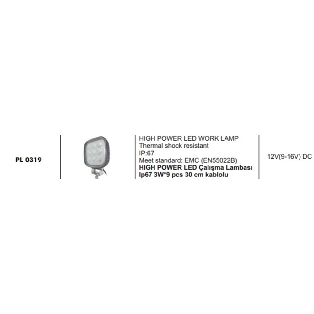 HIGH POWER LED CALISMA LAMBASI IP67 3W*9PCS 30CM KABLOLU