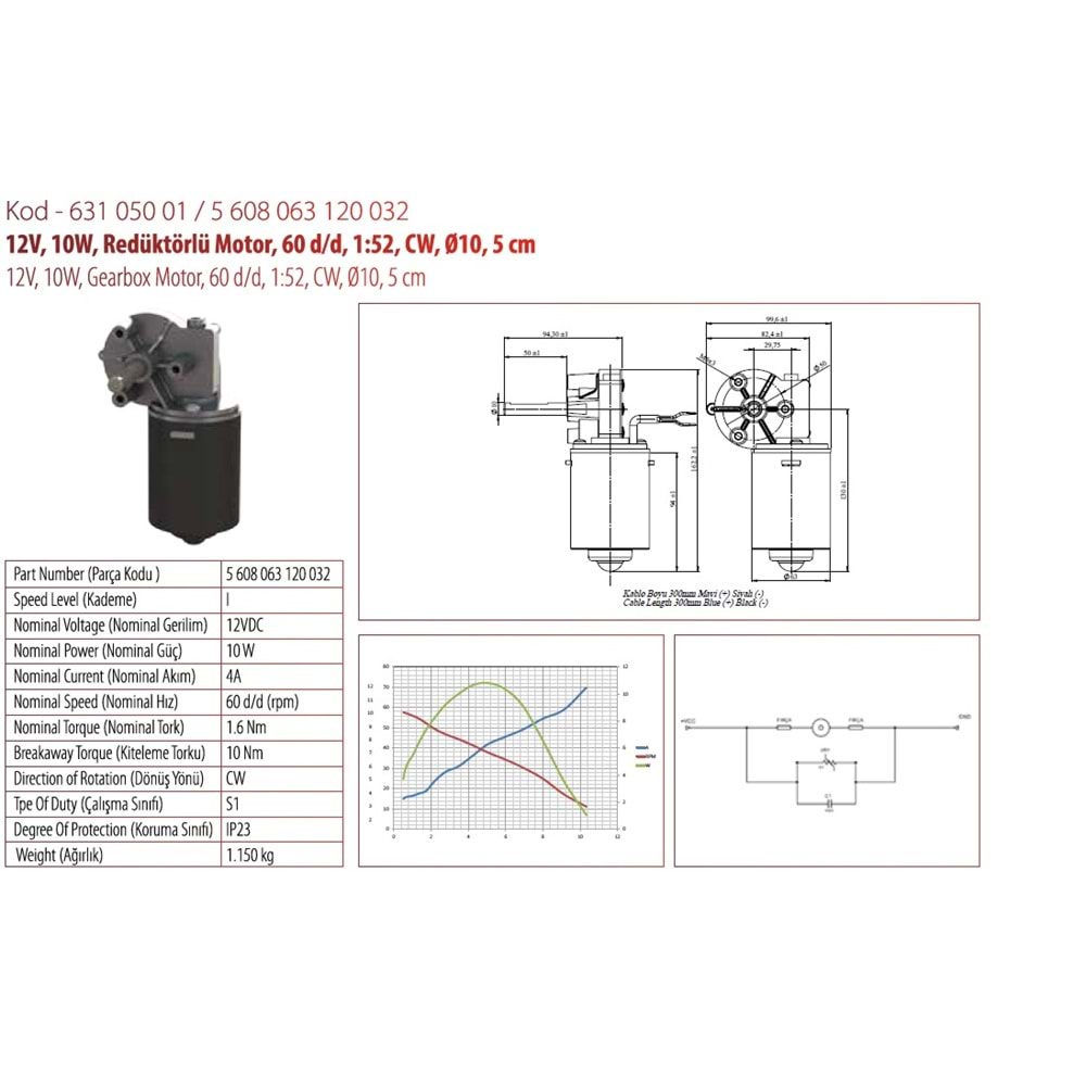 12V SİLECEK MOTORU SİLECEK MOTORU 5CM. FREZELİ REDÜKTÖRLÜ TEK DEVİR Ø10MM. DÜZ MİL 63105001