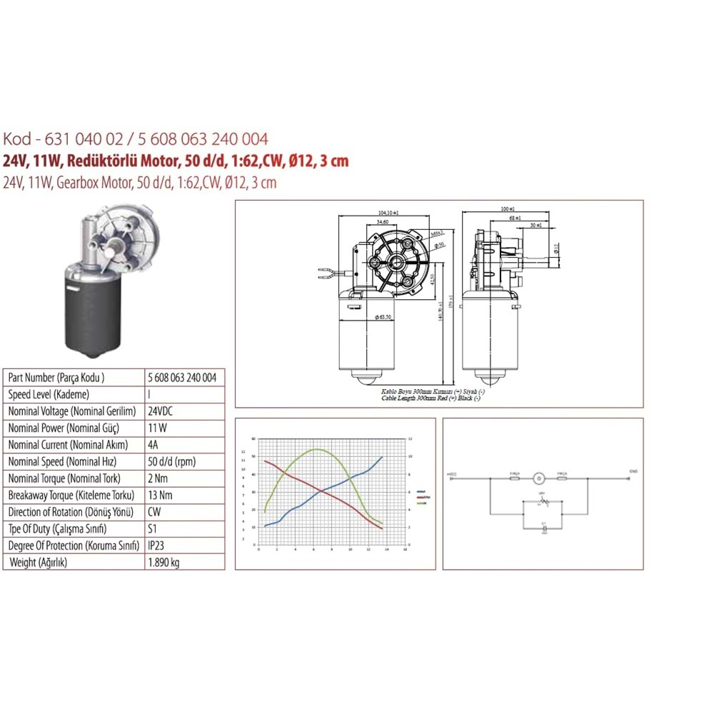 24V SİLECEK MOTORU SİLECEK MOTORU 2 NUMARA 3 CM ÇIKIŞ 63104002