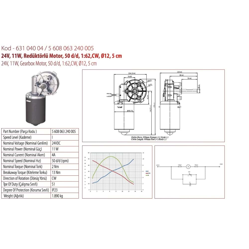 24V SİLECEK MOTORU SİLECEK MOTORU 2 NUMARA 5 CM ÇIKIŞ 63104004