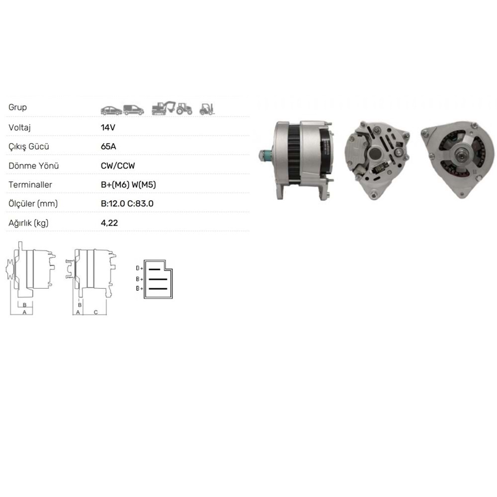 ALT DINAMO HIDROMEK 12V 65AMP.