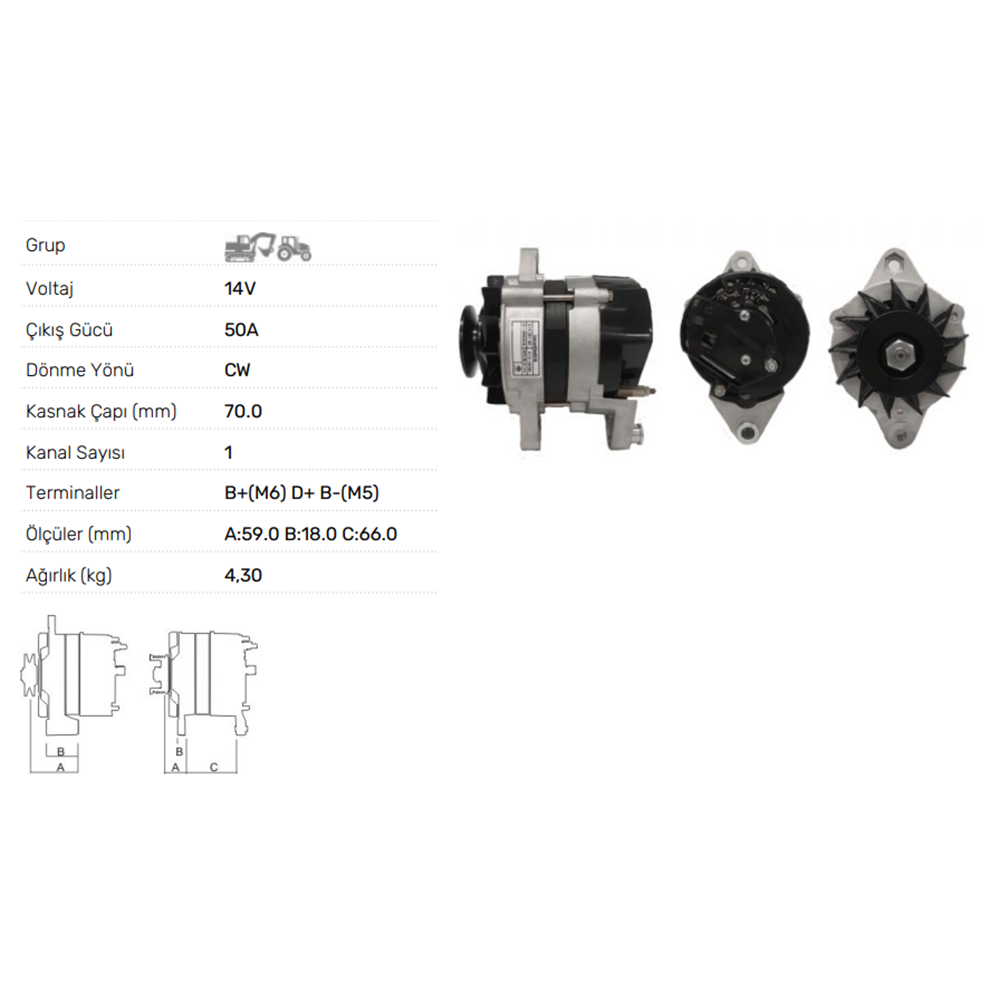 ALTERNATOR A115 12V 50A UZEL-M.F TRAKTÖR MF240- 240S-255EP-260G(1999 SONRASI)