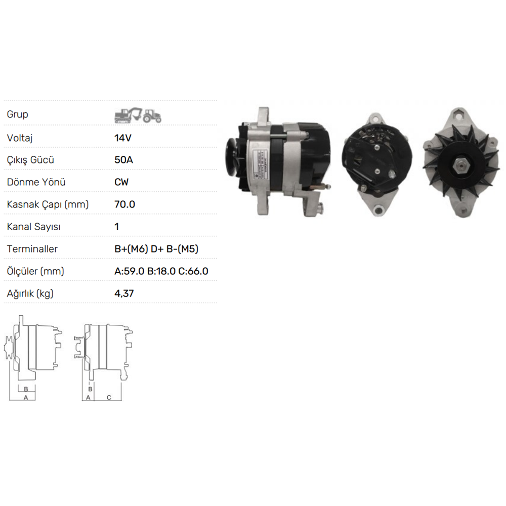 ALTERNATOR A115 12V 50A UZEL-M.F TRAKTÖR MF240- 240S-255EP-260G(TAKOMETRE UÇLU)(1999 SONRASI)
