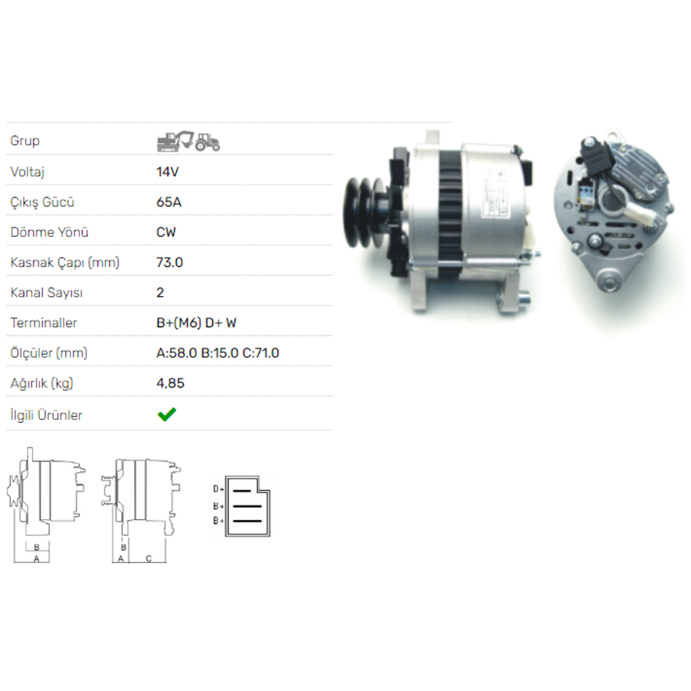 ALT DINAMO 12V 65A TURK TRAKTOR 2 KAYISLI KASNAK