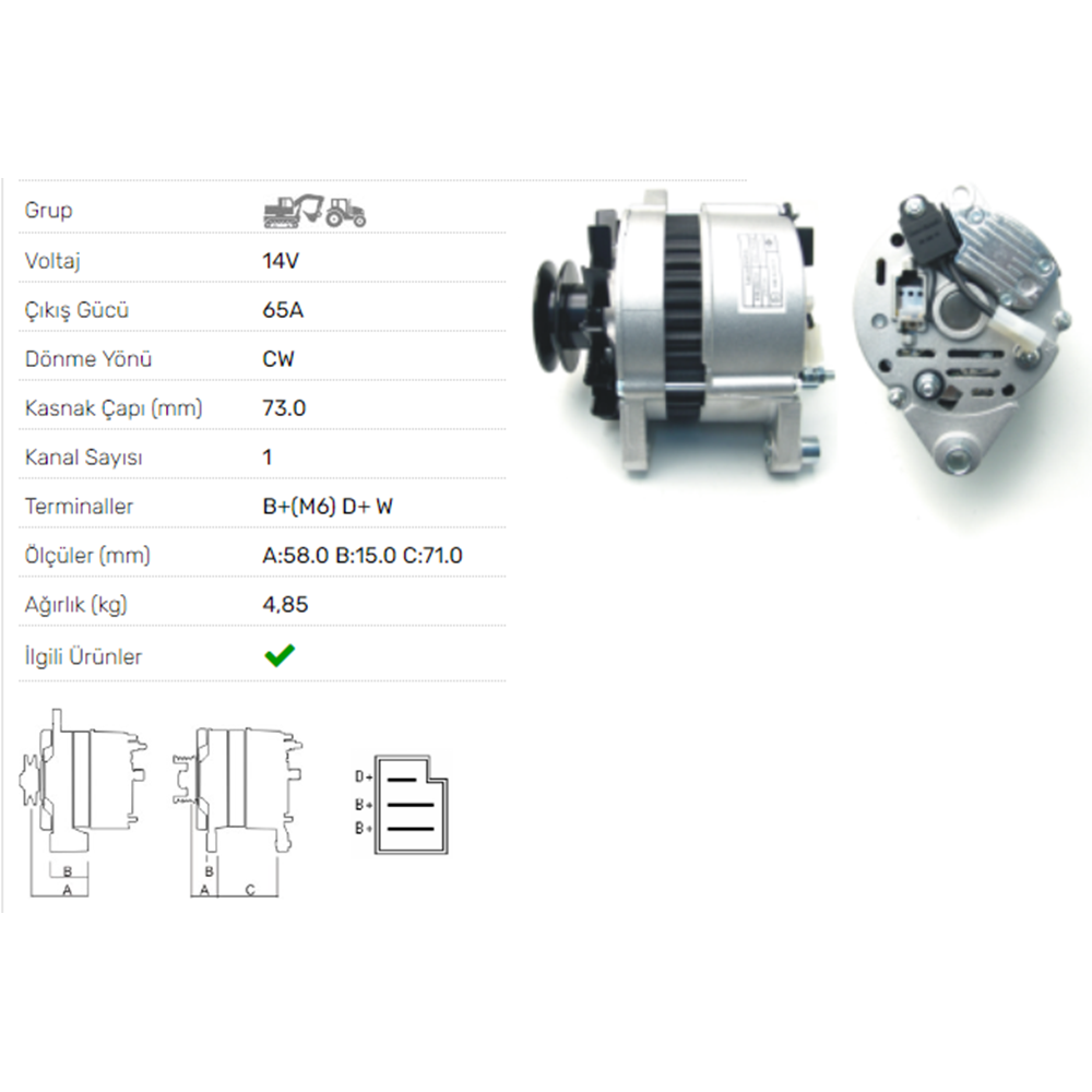 ALT DINAMO 12V 65A TURK TRAKTOR 2 KAYISLI KASNAK