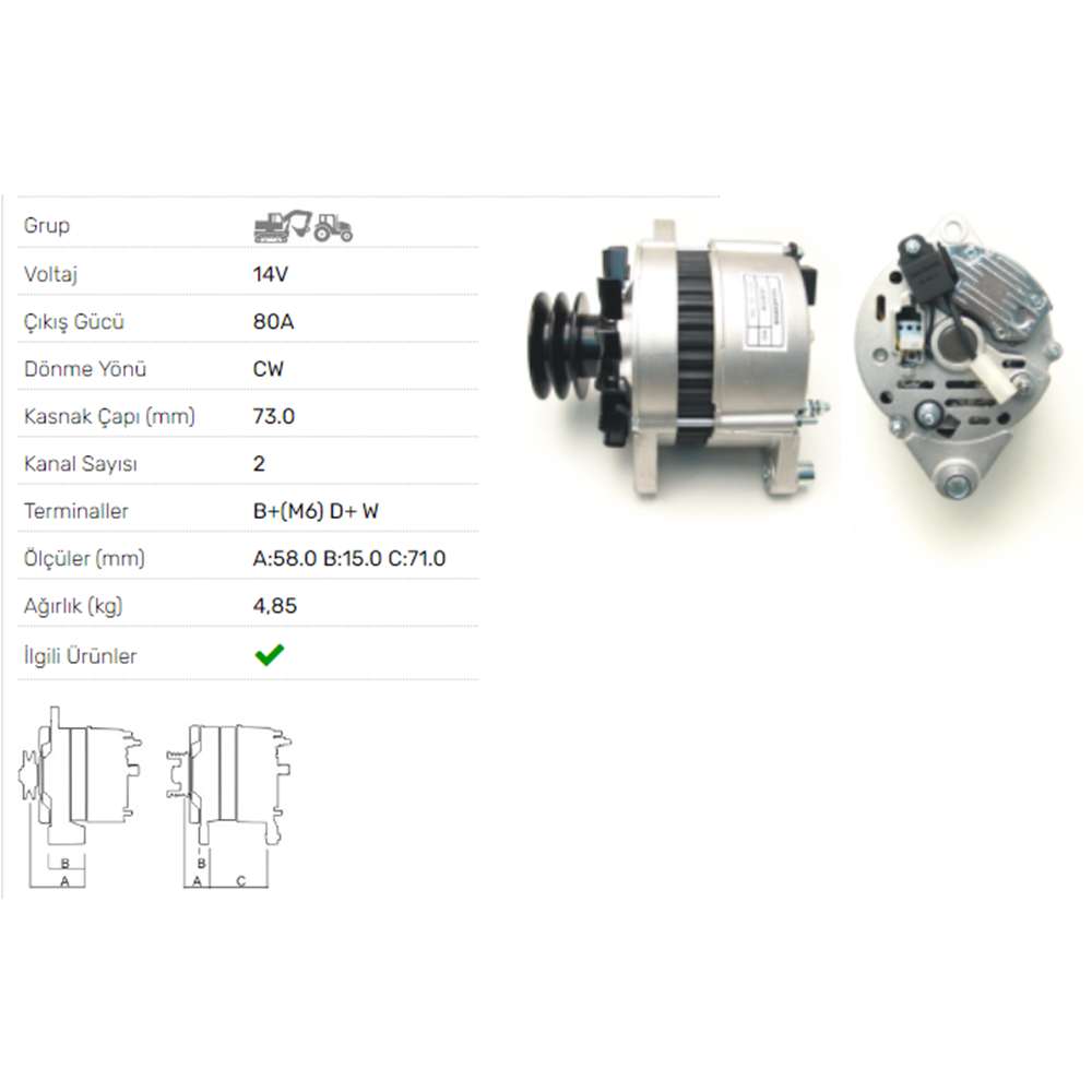 ALT DINAMO 12V 80A TURK TRAKTOR 2 KANALLI