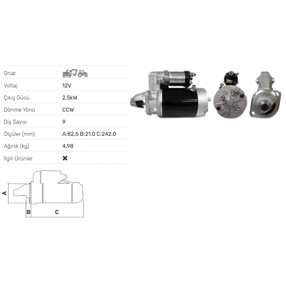 MARS MOTORU 12V 2,5 KW 9 DIS M113 BASAK TRAKTOR