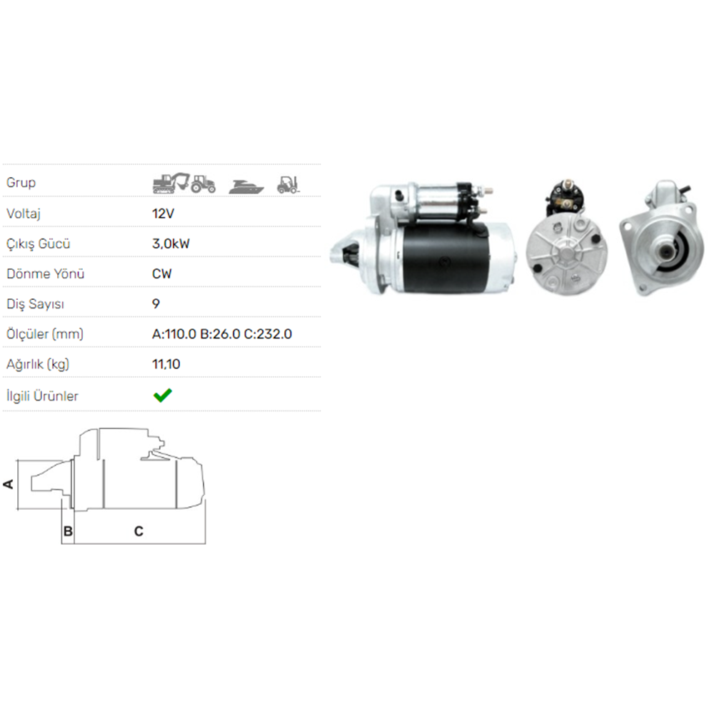 MARS MOTORU 12V 2,5 KW 9 DIS 2M113 TURK TRAKTOR