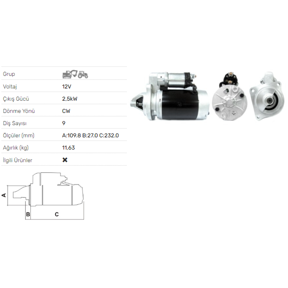 MARS MOTORU 12V 2,5 KW 9 DIS 2M113 TUMOSAN