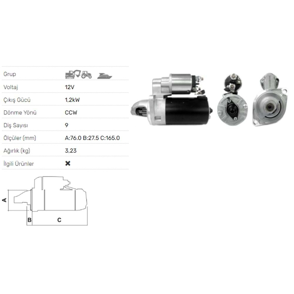 MARS MOTORU 12V 1,2 KW 9DIS ANADOLU MOTOR