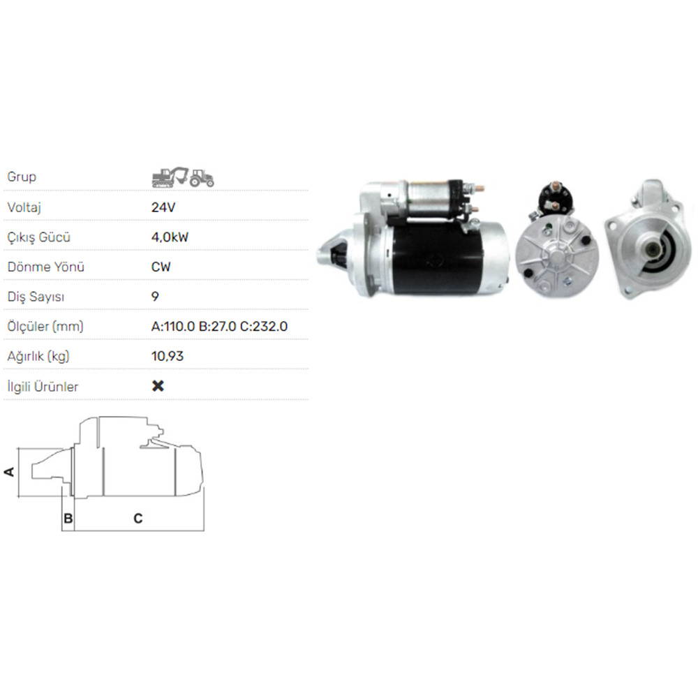 MARS MOTORU 24V 4.0KW 9DIS TURK TRAKTOR