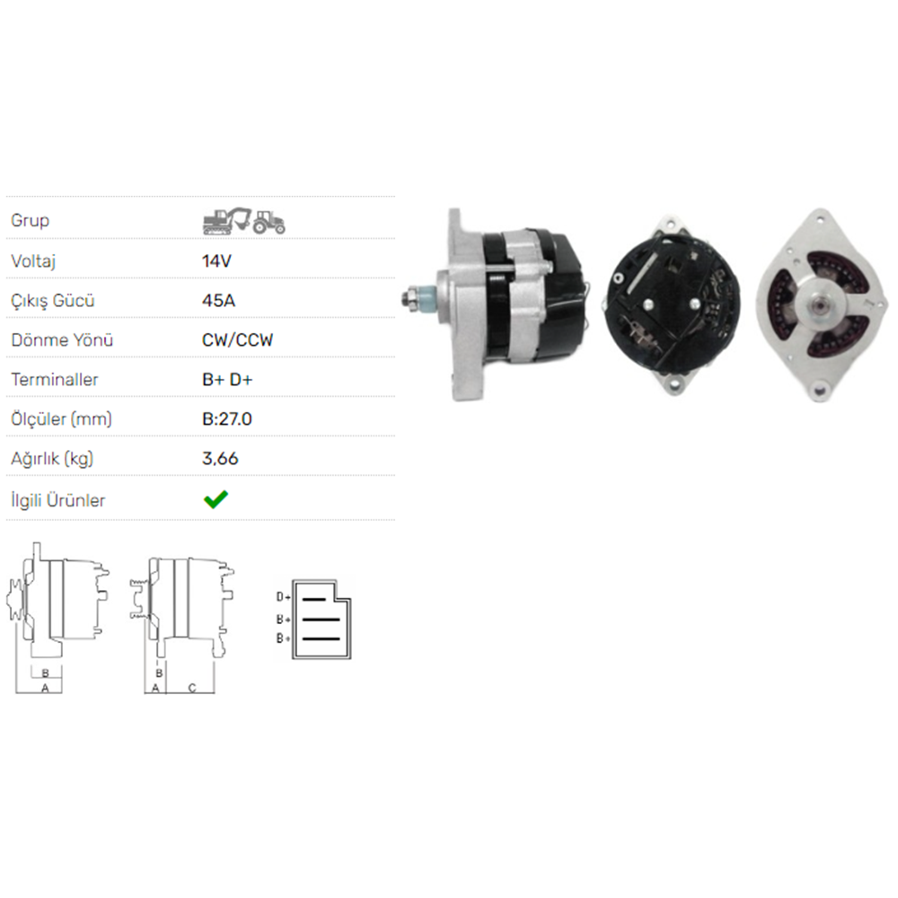 ALT DINAMO 14V 36A MASSEY FERGUSON 133 135.240 245
