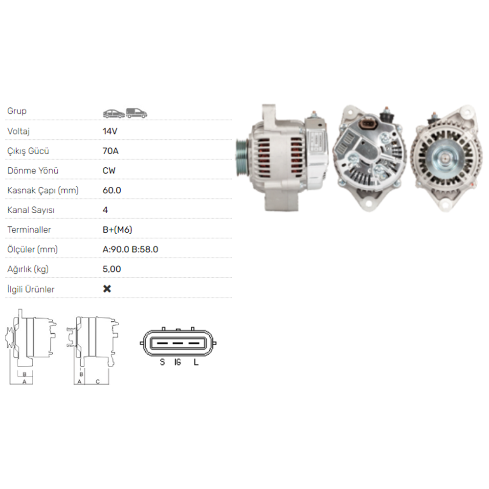 ALT DINAMO 12 V 70A TOYOTA COROLLA 1,3 1.8 XLI 1,4