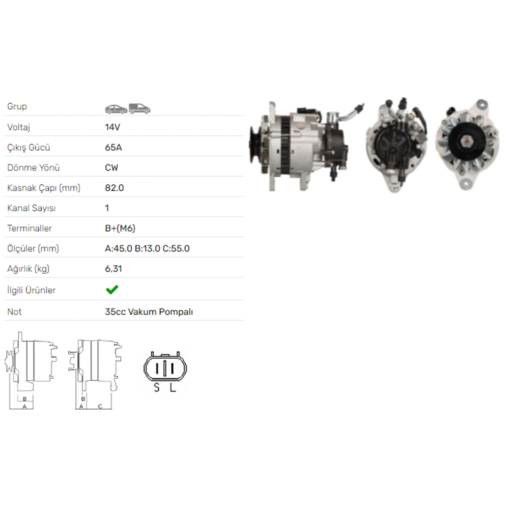 ALT DINAMO 14V 65A V.P. HYUNDAI H100 2,5D 2,5TD