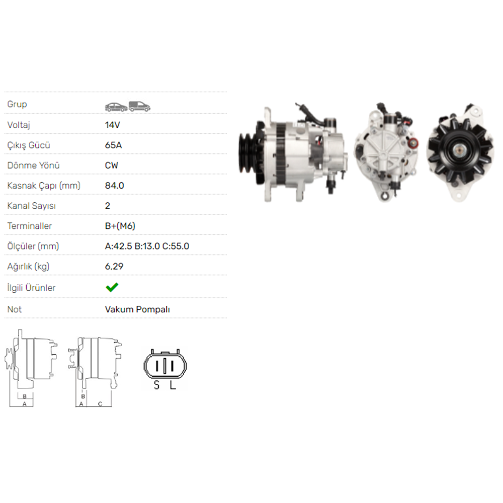ALT DINAMO 14V 65A V.P. HYUNDAI H100 2,5D 2,5TD H1 2,5TD
