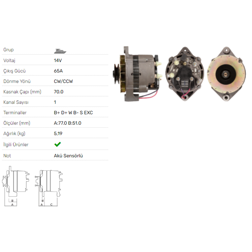 ALT DINAMO 14V 65A VOLVO PENTA