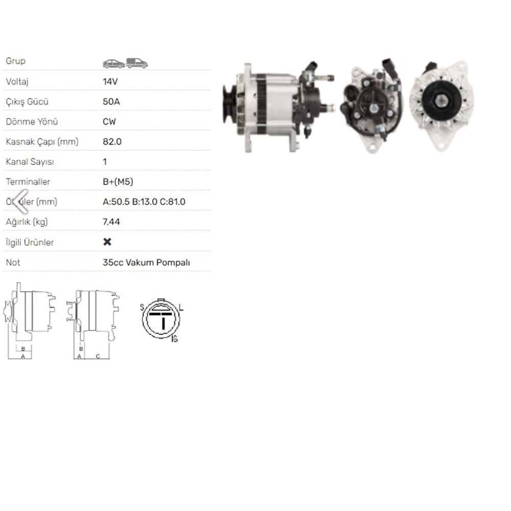 ALT DINAMO 12V 50A ISUZU TROOPER 2.8TD J9 PREMIUM ALT-V019