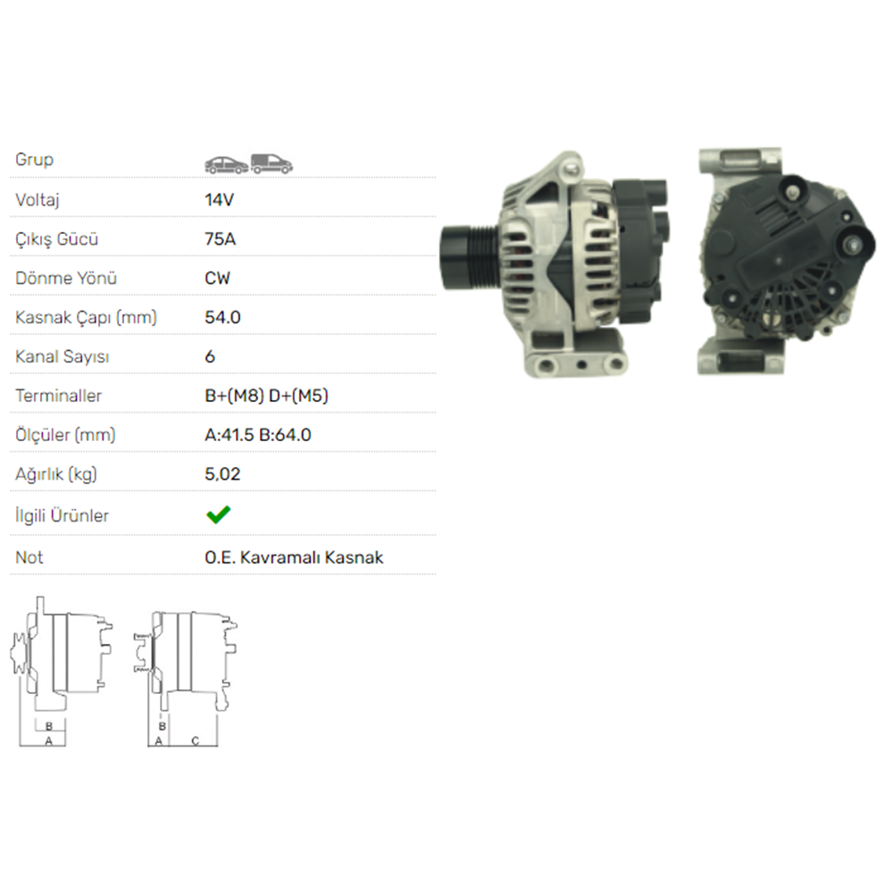 ALT DINAMO 14V 75A FIAT GRANDE PUNTO 1,3D MULTIJET