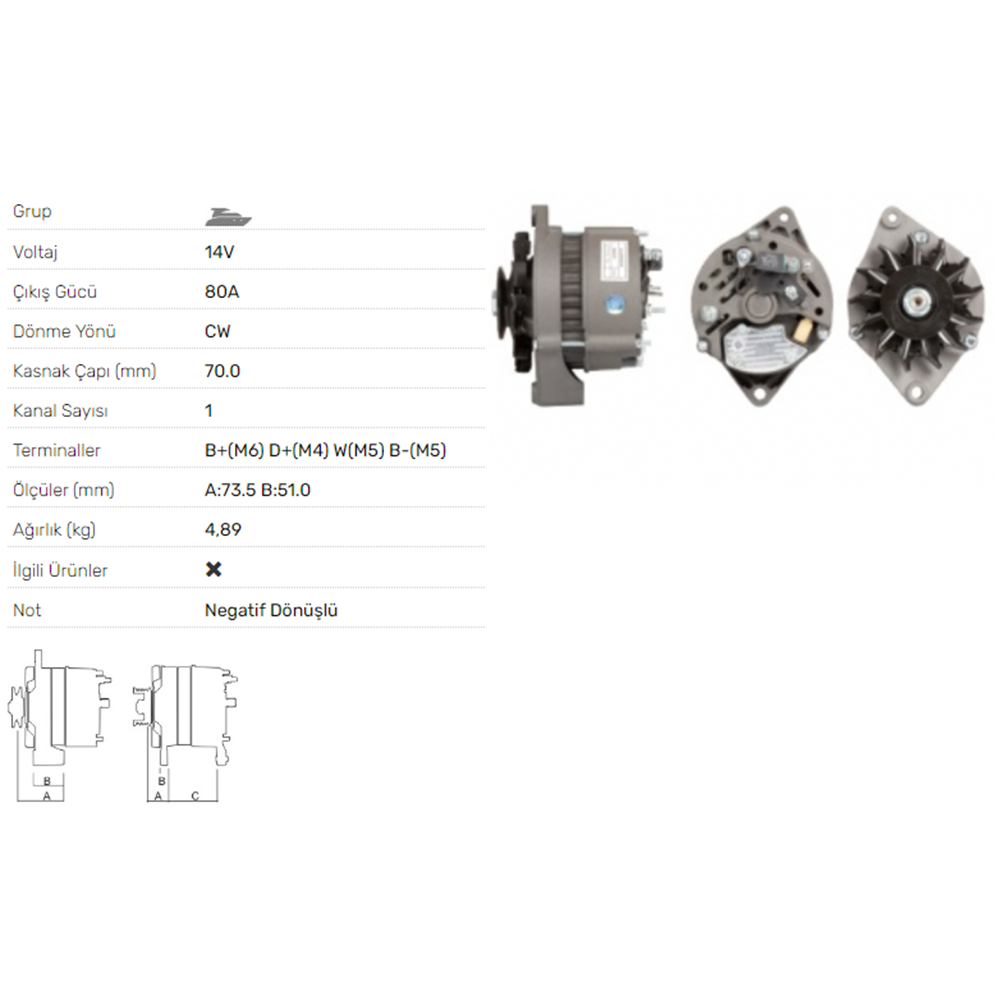 ALT DINAMO 14V 80A VOLVO PENTA 100S170B