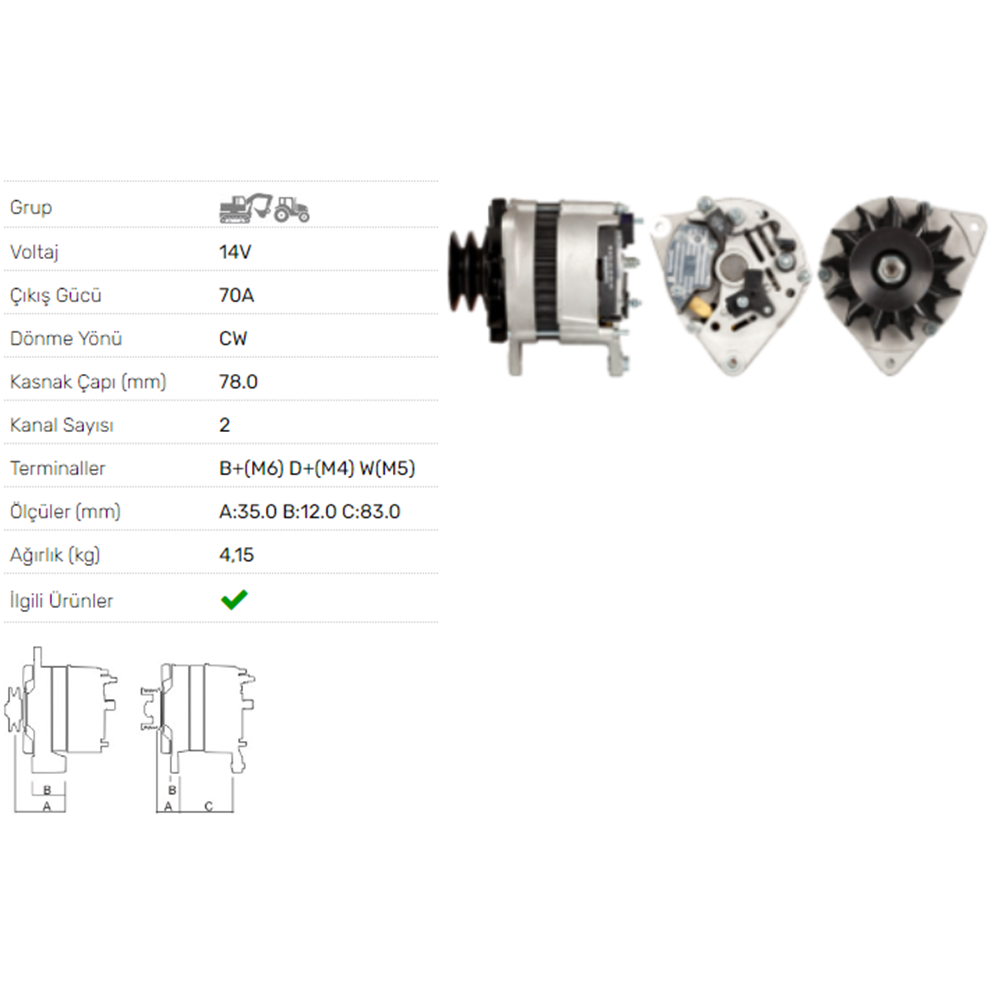 ALT DINAMO 14V 70A CASE CX70 MC80 MC100
