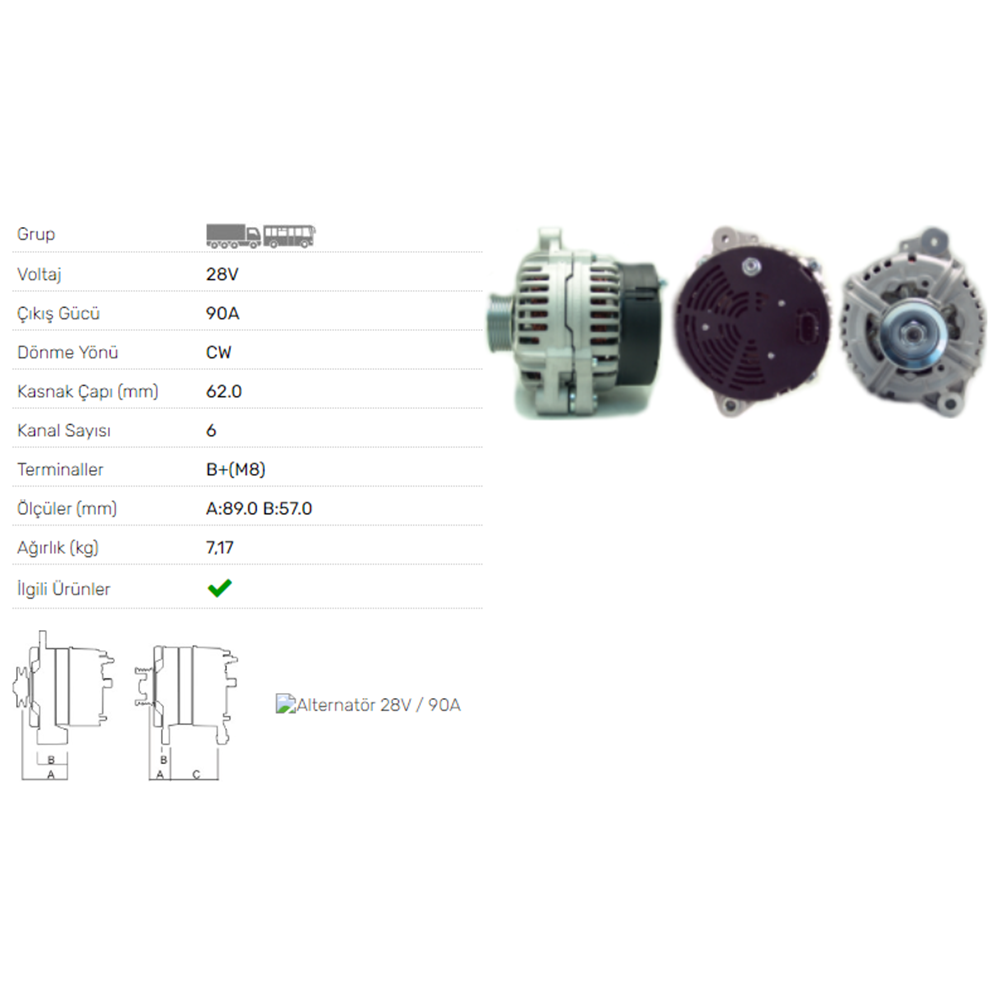 ALT DINAMO 28V 90A IVECO EURO STAR LD 190 260 440 MP 190 260 ALT-3523C