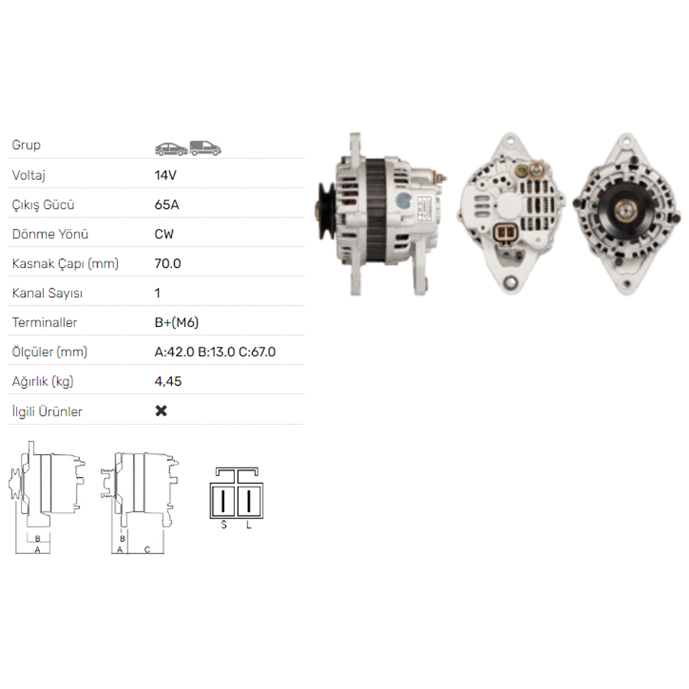 ALT DINAMO 14V 65A KIA PRIDE 1,3 1,3I
