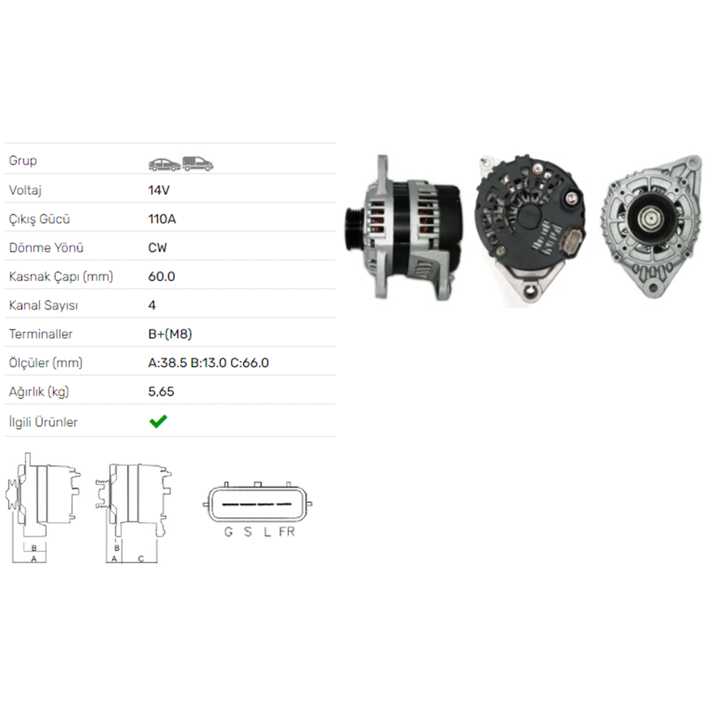 ALT DINAMO 14V 110A HYUNDAI SANTA FE SONATA KIA MAGENTIS 2.0 ALT-3047