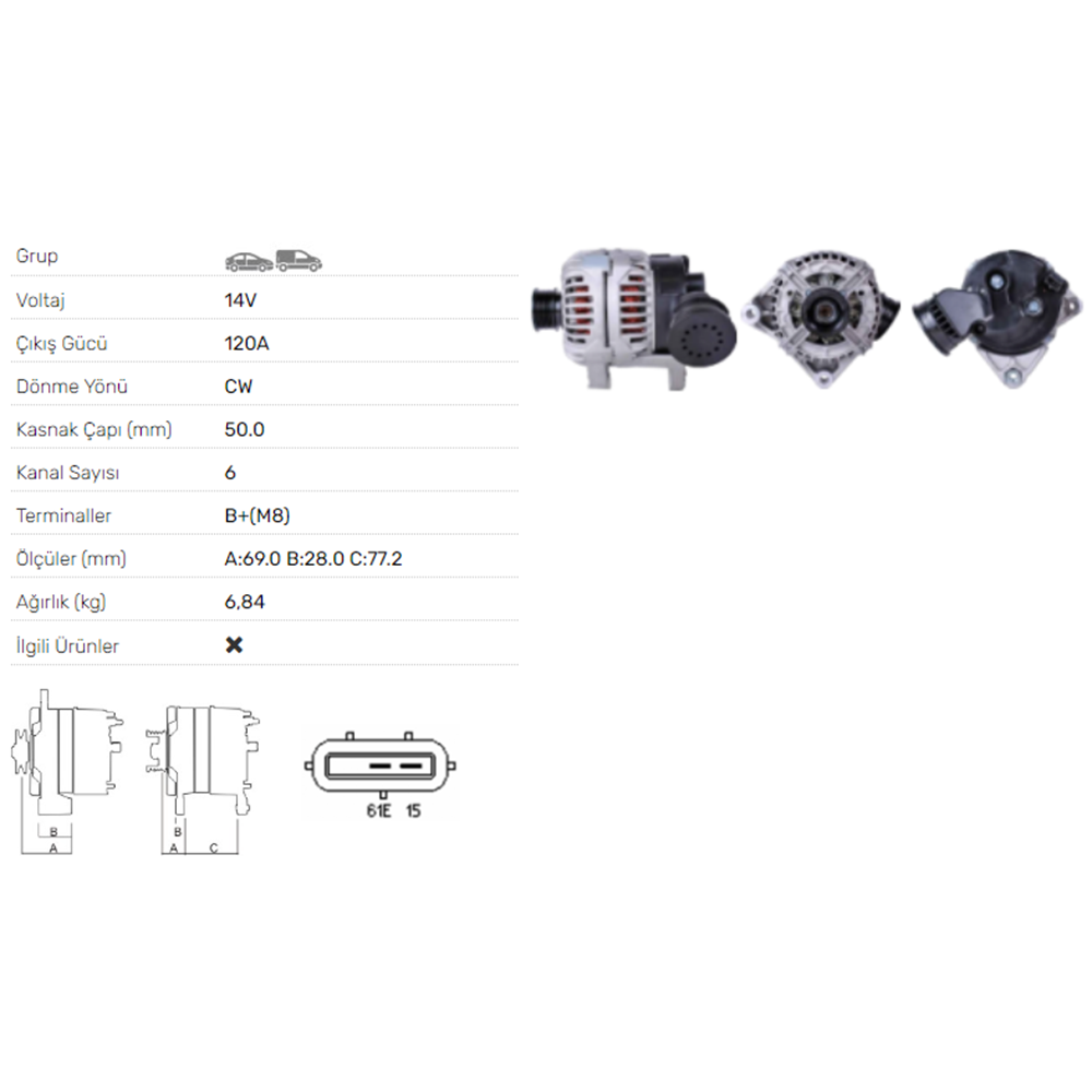 ALT DINAMO 14V 120A BMW 3 5 X Z SERISI 2,5 3.0 00-06