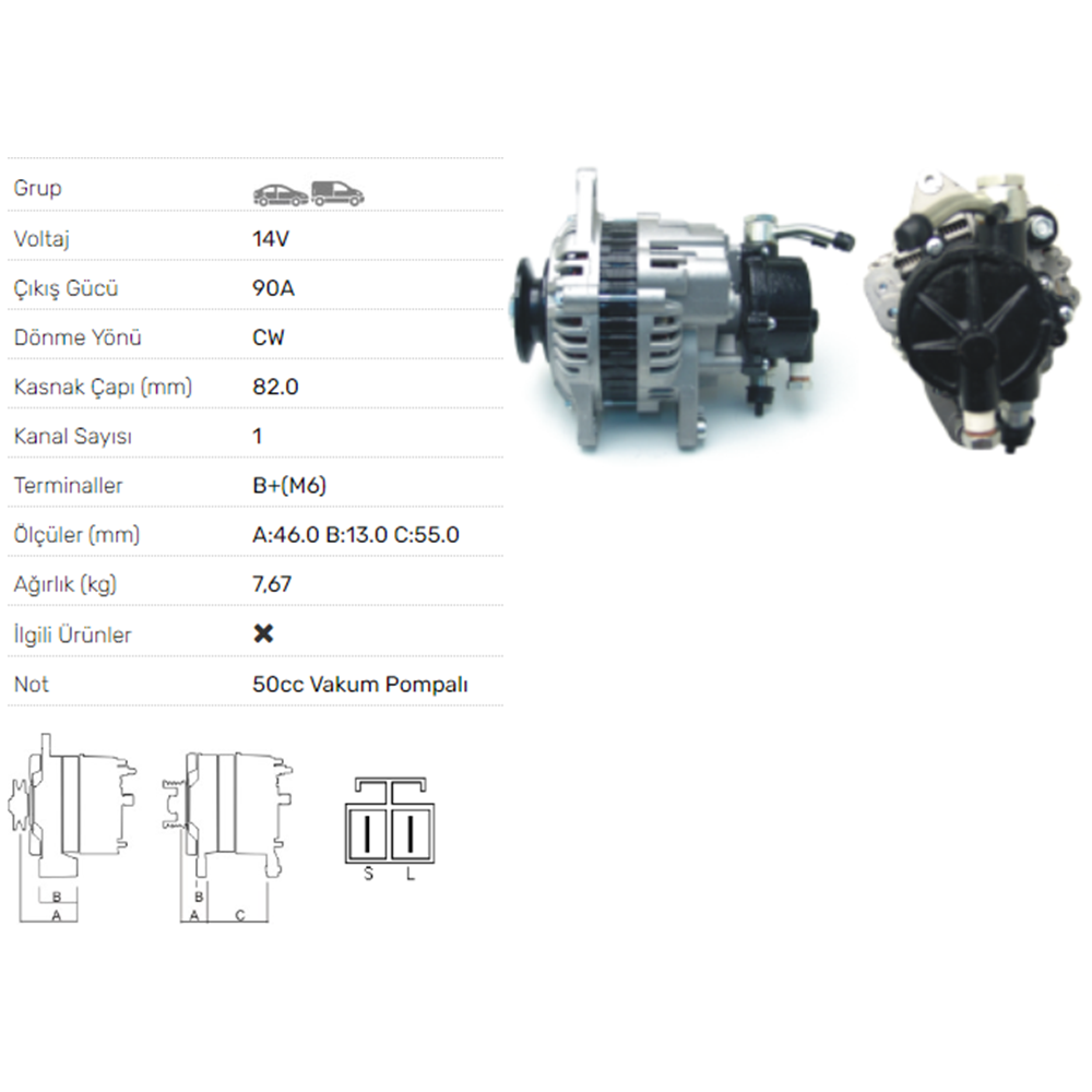 ALT DINAMO 12V 90A MITSUBISHI L300 YM TEK KASNAK VAKUMLU ALT-V026