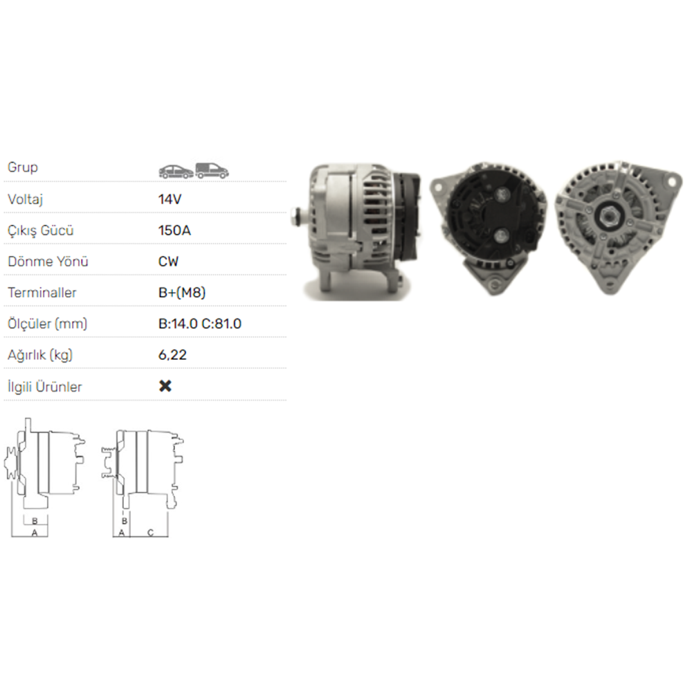 ALTERNATOR 14V 150A CITROEN-FIAT DUCATO