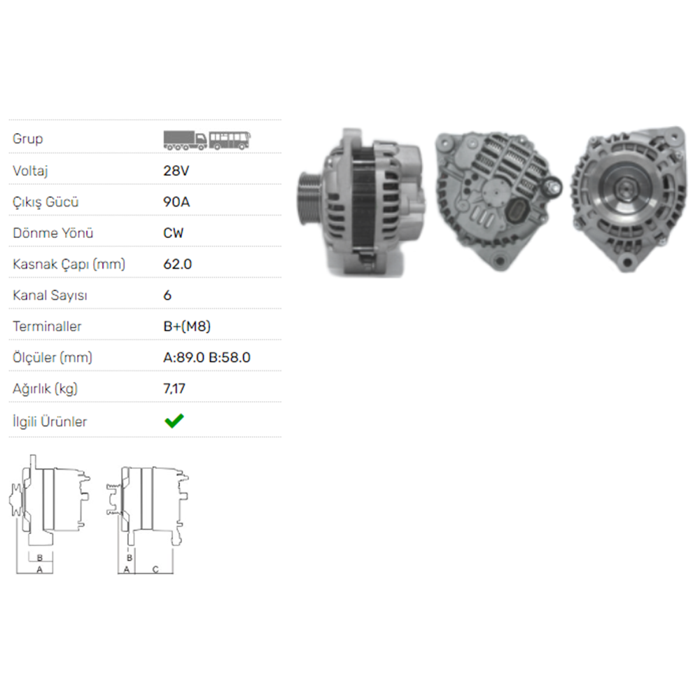 ALTERNATOR 28V 90A IVECO EURO TECH 190E24,190E27, STRALIS-TRAKKER