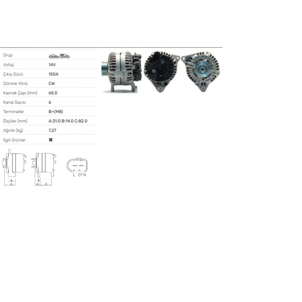 ALTERNATOR 14V/150A AUDI-VW-SKODA Superb I 2.5V6 TDI