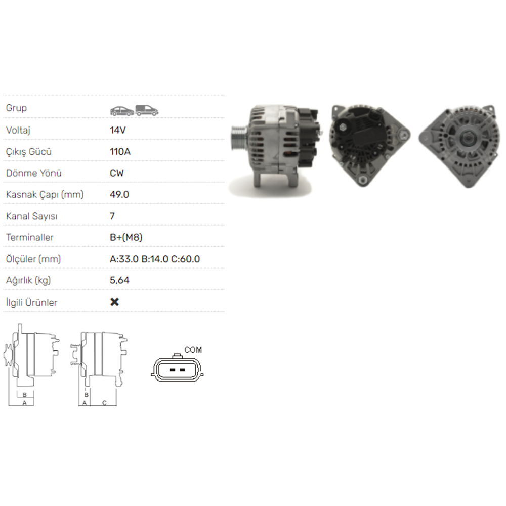 ALTERNATOR 14V 110A RENAULT GRAND SCENIC II 1.9DCİ MEGANE II 1.9DCİ,SCENIC II 1.9DCİ