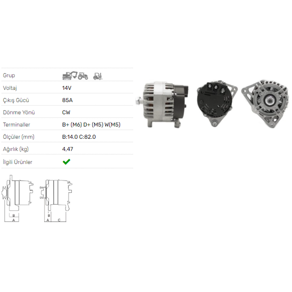 ALTERNATOR 14V 85A JCB,LAND ROVER,LANDINI,TEREX, MANITOU,MASSEY FERGUSON