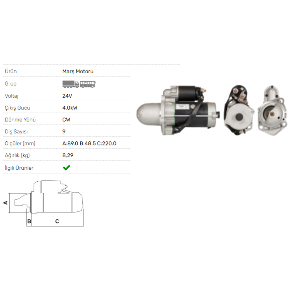 MARS MOTORU 24V 4.0KW 9 DIS MERCEDES BENZ ATEGO I STR-2311