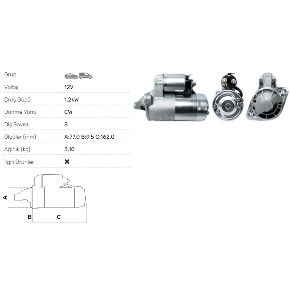 MARS MOTORU 12V 1,2KW 8 DIS HYUNDAI ELANTRA 1.8I 16V A T SONATA 2.0I 16V A T