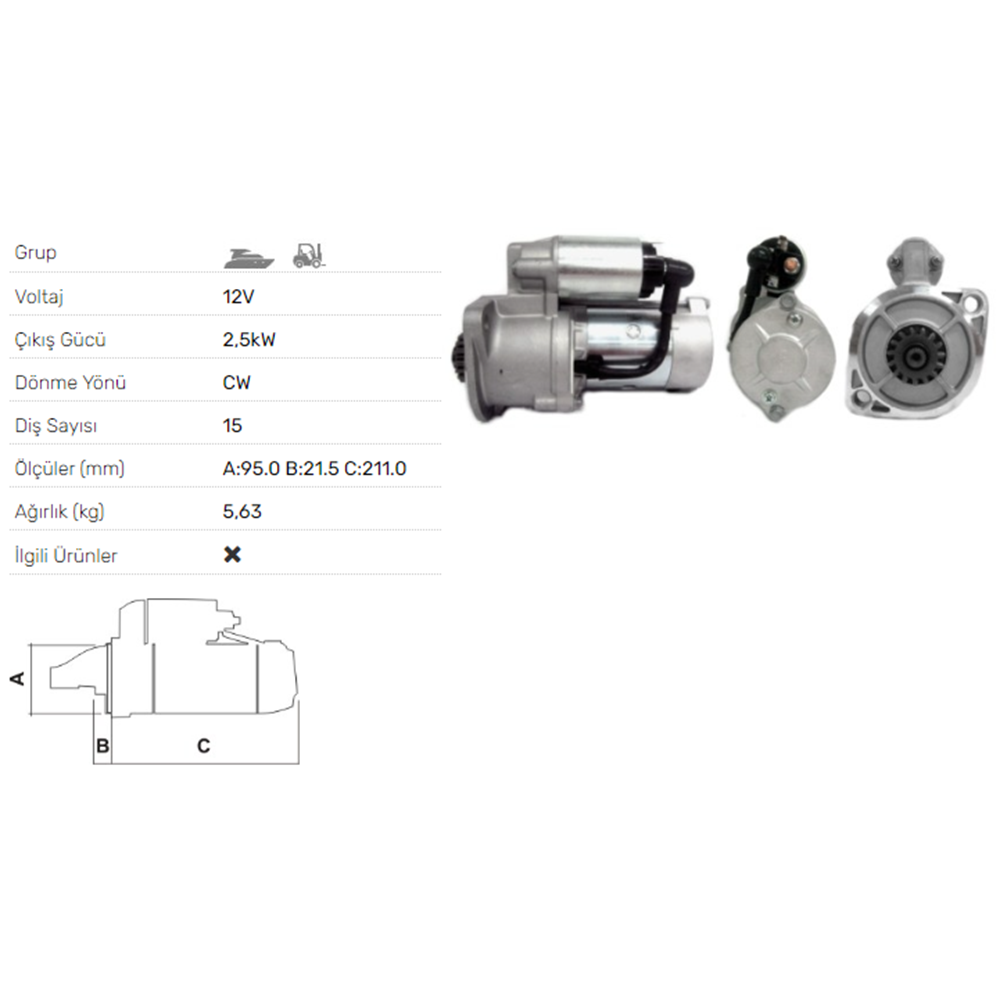MARS MOTORU 12V 2,5KW 15 DIS YANMAR MARINE 4 LHA DTE 4 LHA HTE 4 LH TE