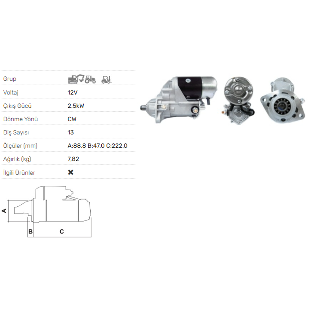 MARS MOTORU 12V 2,5KW 13 DIS CASE LOADERS TRAKTOR STR-6090