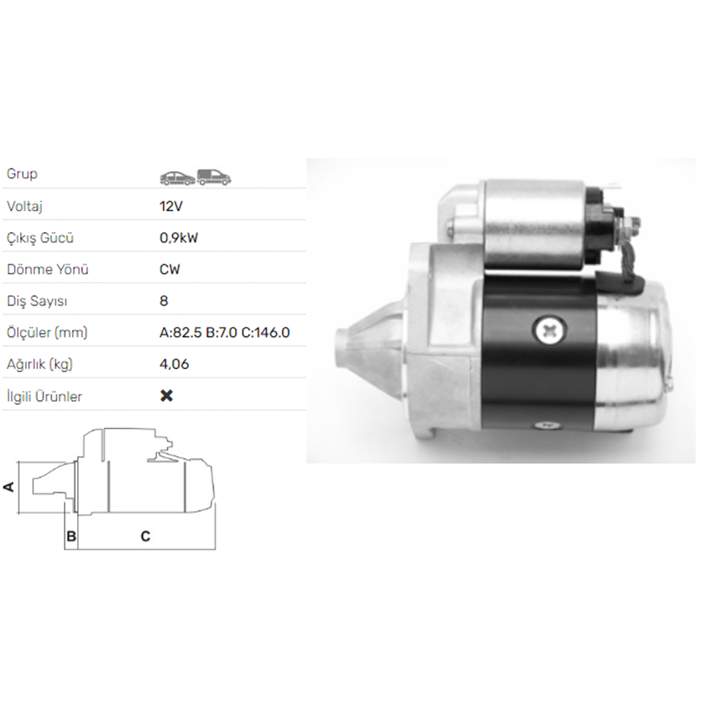 MARS MOTORU 12V 0.9KW 8 DIS NISSAN 720 PICKUP 2.0L 2.4L