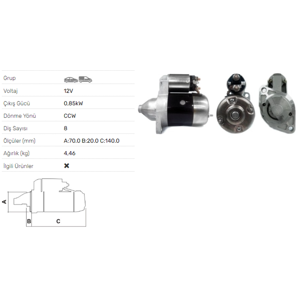 MARS MOTORU 12V 0.9KW 8 DIS KIA PRIDE 1.1I 1,3 16V