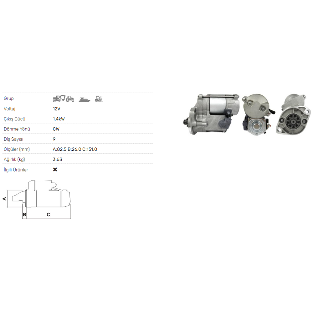 MARS MOTORU 12V 1,4KW 9 DIS KUBOTA COMPACT TRAKTOR STR-8019