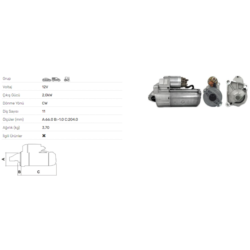 MARS MOTORU 12V 2.0KW 11 DIS MITSUBISHI CARISMA 1,9TD VOLVO 440K 1,9TD