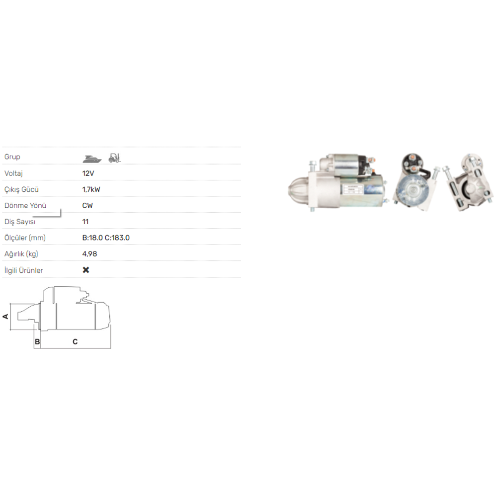 MARS MOTORU 12V 1.7KW 11 DIS MERCURY MERCRUISER