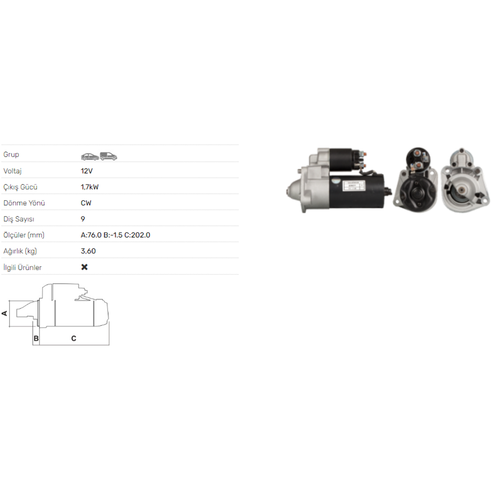 MARS MOTORU 12V 1.7KW 9 DIS VOLVO 850 960 92-97 S90 V90 97-98