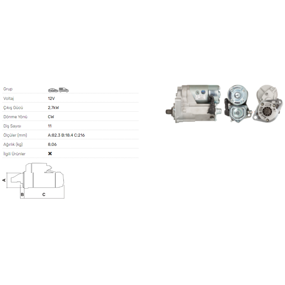 MARS MOTORU 12V 2.7KW 11 DIS TOYOTA 4 RUNNER LAND CRUISER 3.0 TD 93-96